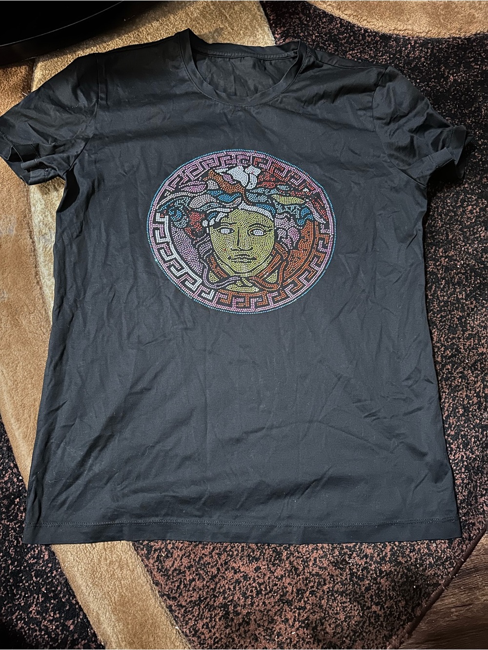 Versace Black Short-Sleeve Tee with Multicolor Medusa Mosaic